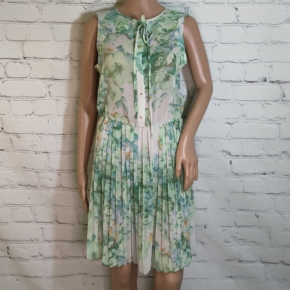 FARM RIO Green Floral Watercolor Pleated Dress S P Vintage
